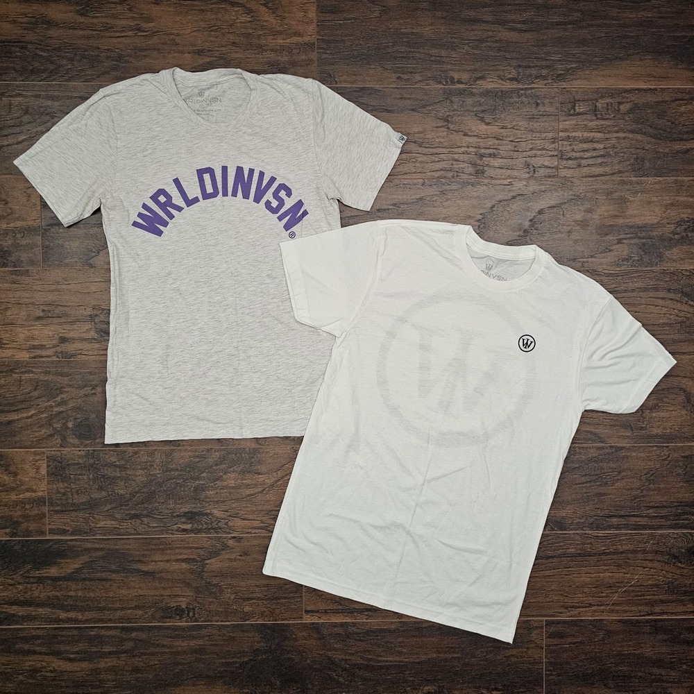 WRLDINVSN Lot Of 2 Womens Small T-Shirt Gray White Paint Splatter Name Print